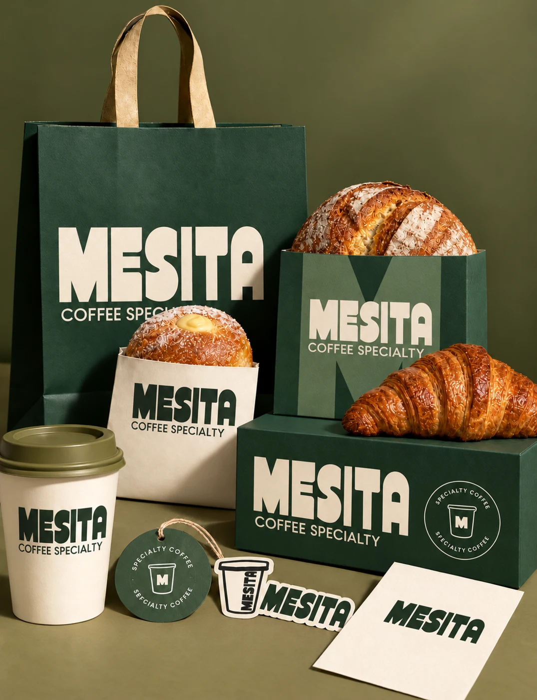 Mesita · bolsas, cajas y vasos de café